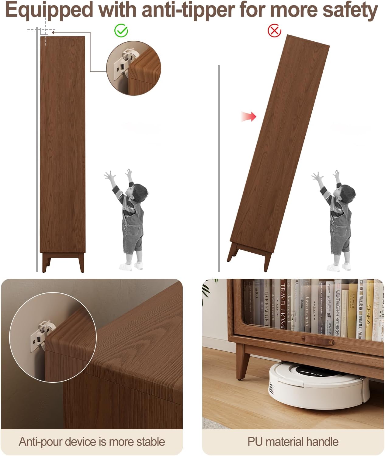 Solid Wood bookcase 5 Tier with Tempered Glass Flip-Up doors, 72Hx13.7Dx32W"Bookshelves Finish Cube Storage Organizer,Bookshelf Versatile Pantry Cabinet with Storage for Kitchen Home Office