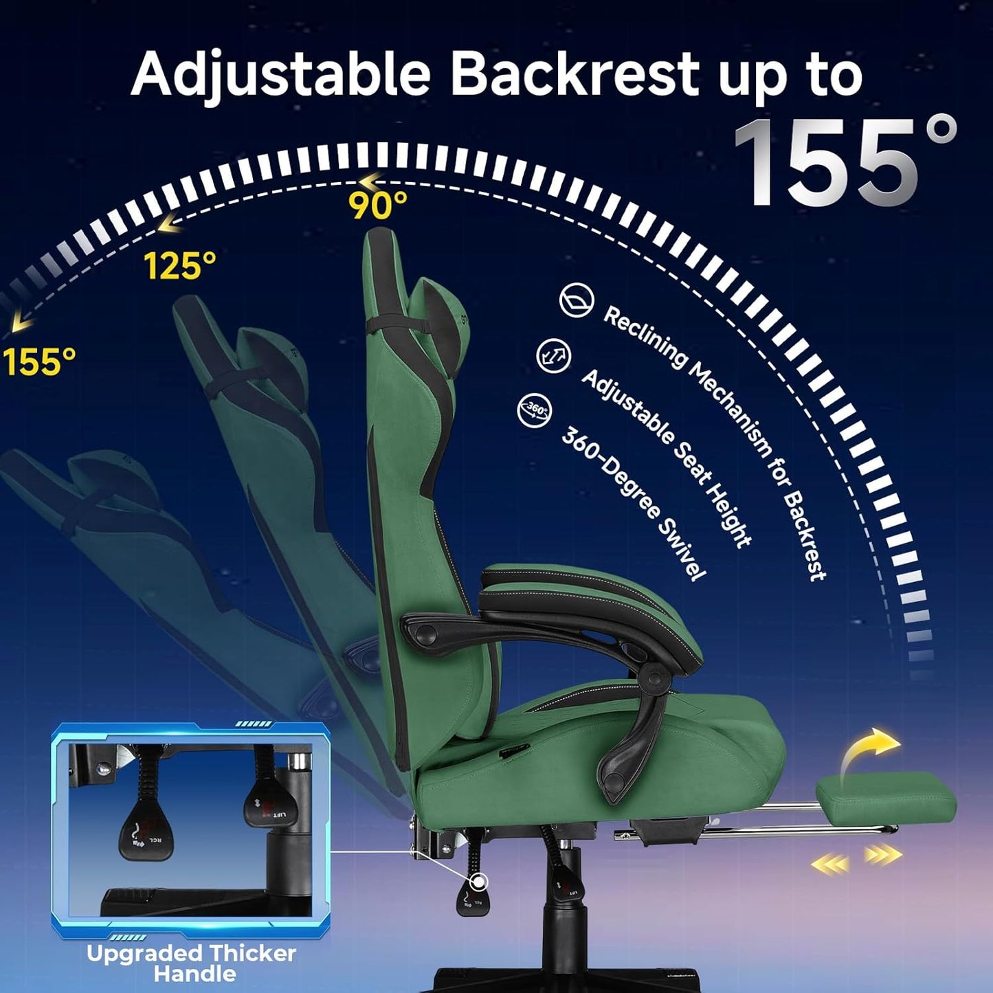 GTPLAYER Gaming Chair, Video Game Chairs with Footrest and Lumbar Support, Computer Chair for Adults with Extended Backrest, Ergonomic Reclining Silla Gamer, Fabric, Green