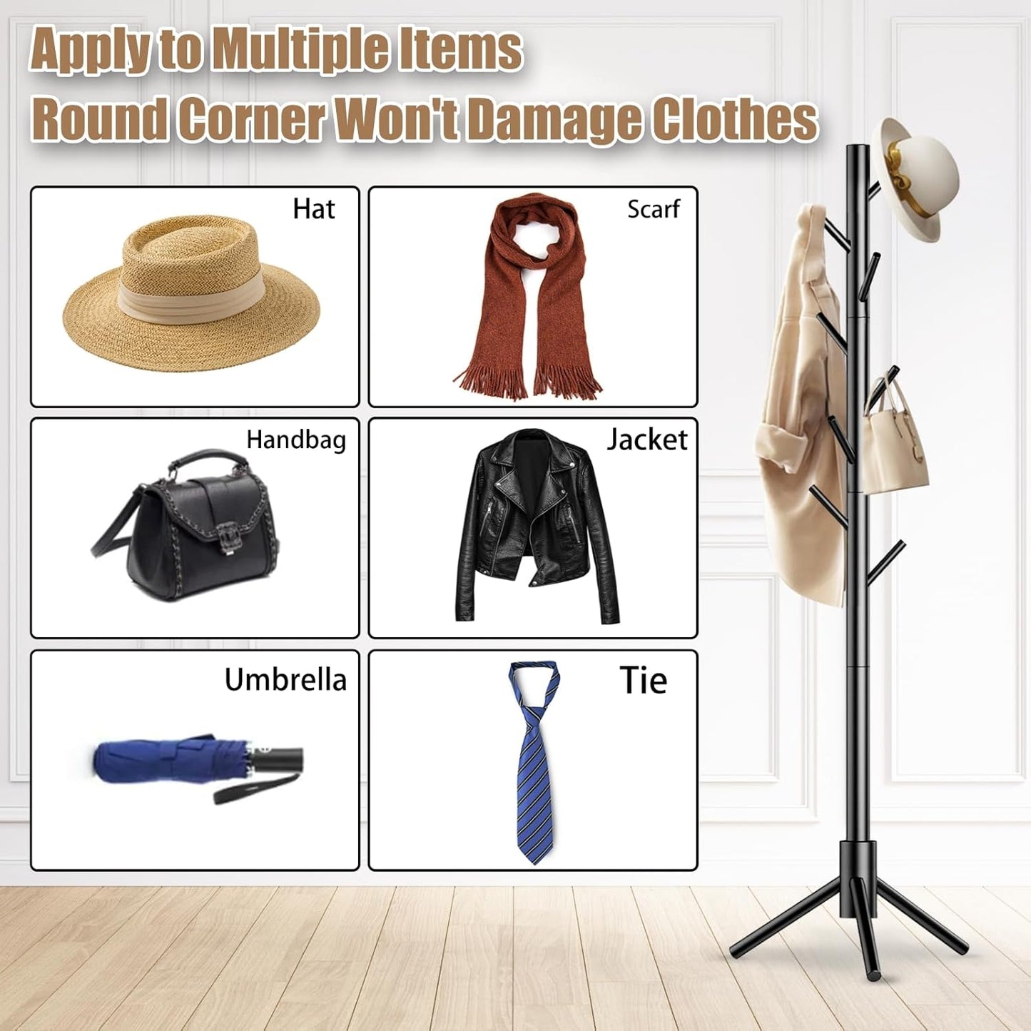 Wooden Coat Rack Stand, Freestanding Coat Rack with 8 Hooks, 3 Adjustable Size Coat Tree for Hats, Coats, Scarves bags, Coat Hanger Stand Used in Bedroom/Office/Entryway (Black)