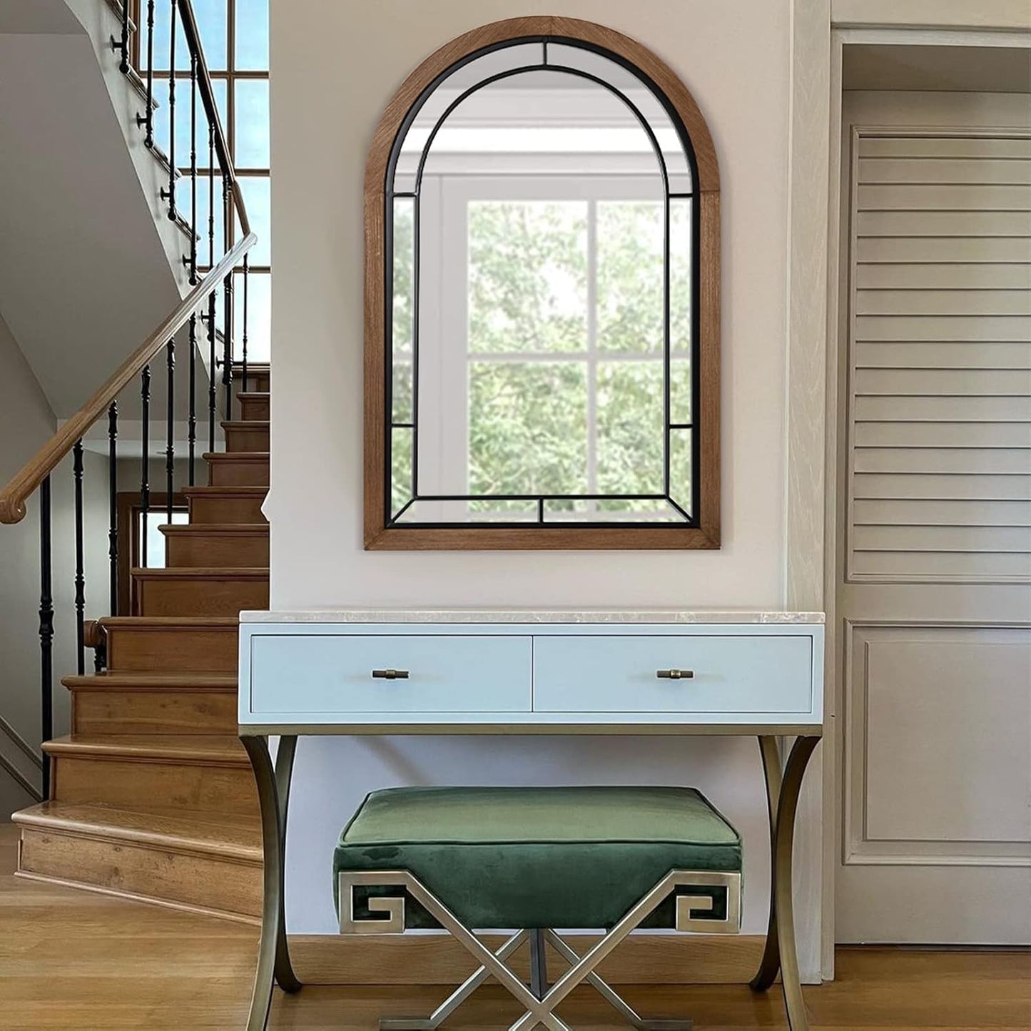 blue page Arched Mirror, Farmhouse Wall Decor Accent, Rustic Wood Framed Mirror Like Window for Bathroom Vanity, Bedroom, Entryway, and Living Room