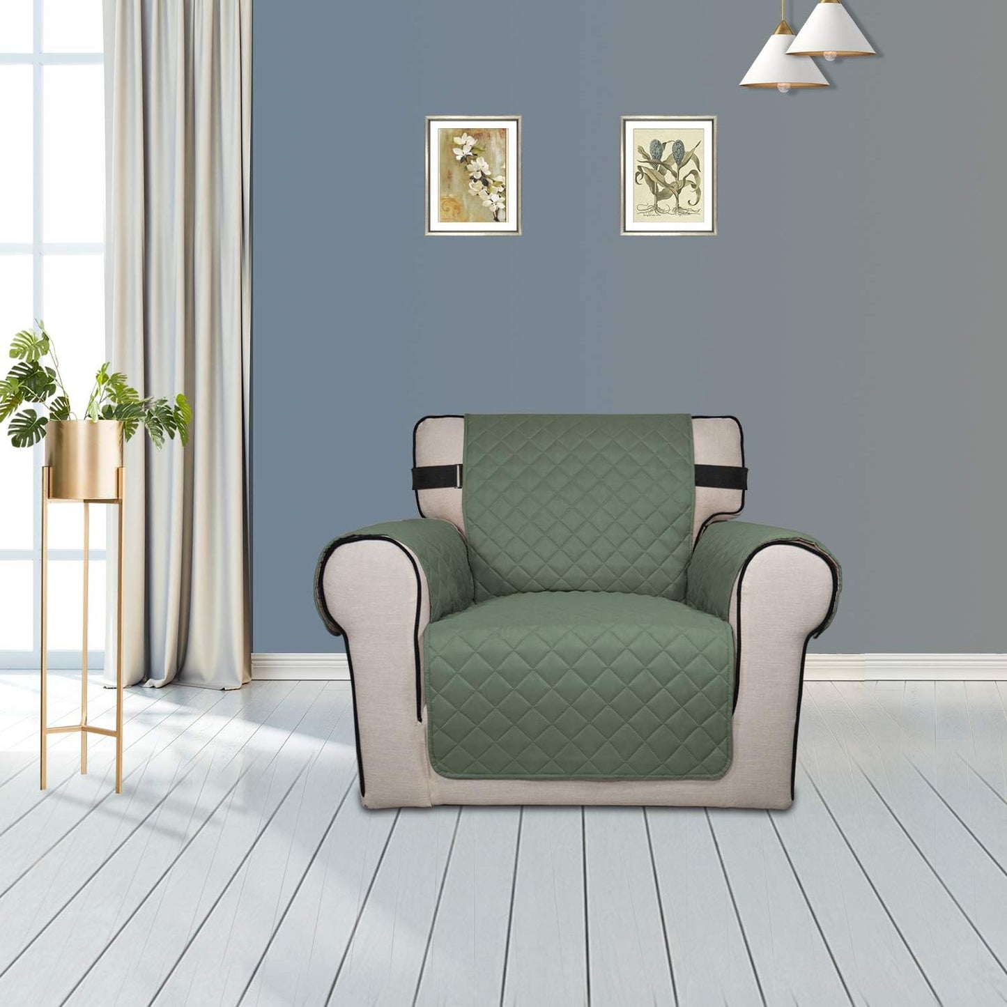 PureFit Reversible Sofa Cover Water Resistant Chair Couch Cover, Machine Washable Furniture Cover with Non-Slip Foam and Adjustable Strap for Dogs, Pets (Chair, Grayish Green/Ivory)