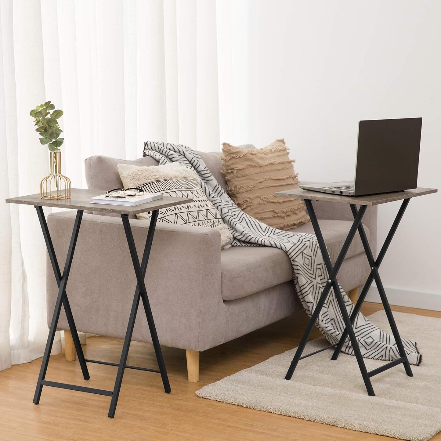 HOOBRO Folding TV Tray Tables, Set of 4 TV Trays with Storage Rack, Industrial Side Table for Eating at Couch, Foldable Snack Table for Small Space, Easy Assembly, Greige and Black BG50BZ01
