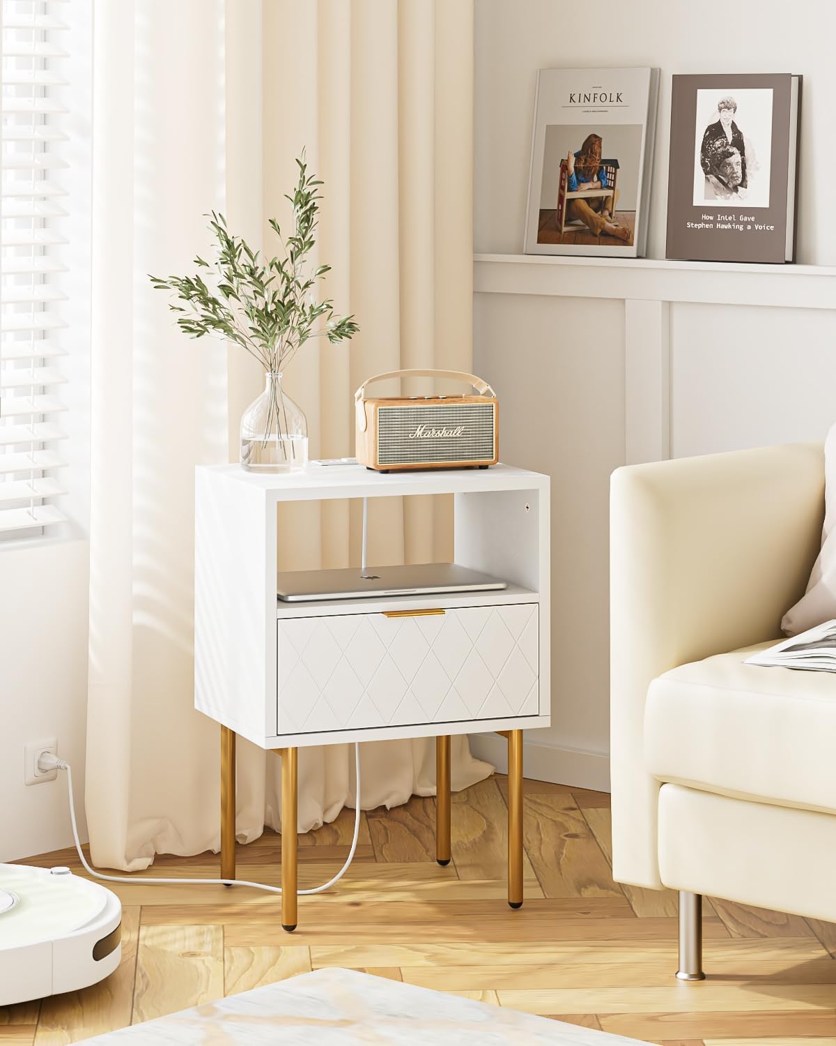 Nightstand,Morden Bedside Table with Gold Frame,Small White Night Stand,End Table,Bedside Furniture,Side Table with Drawer and Shelf for Bedroom,Living Room (1Drawer, White-Outlet-pane)