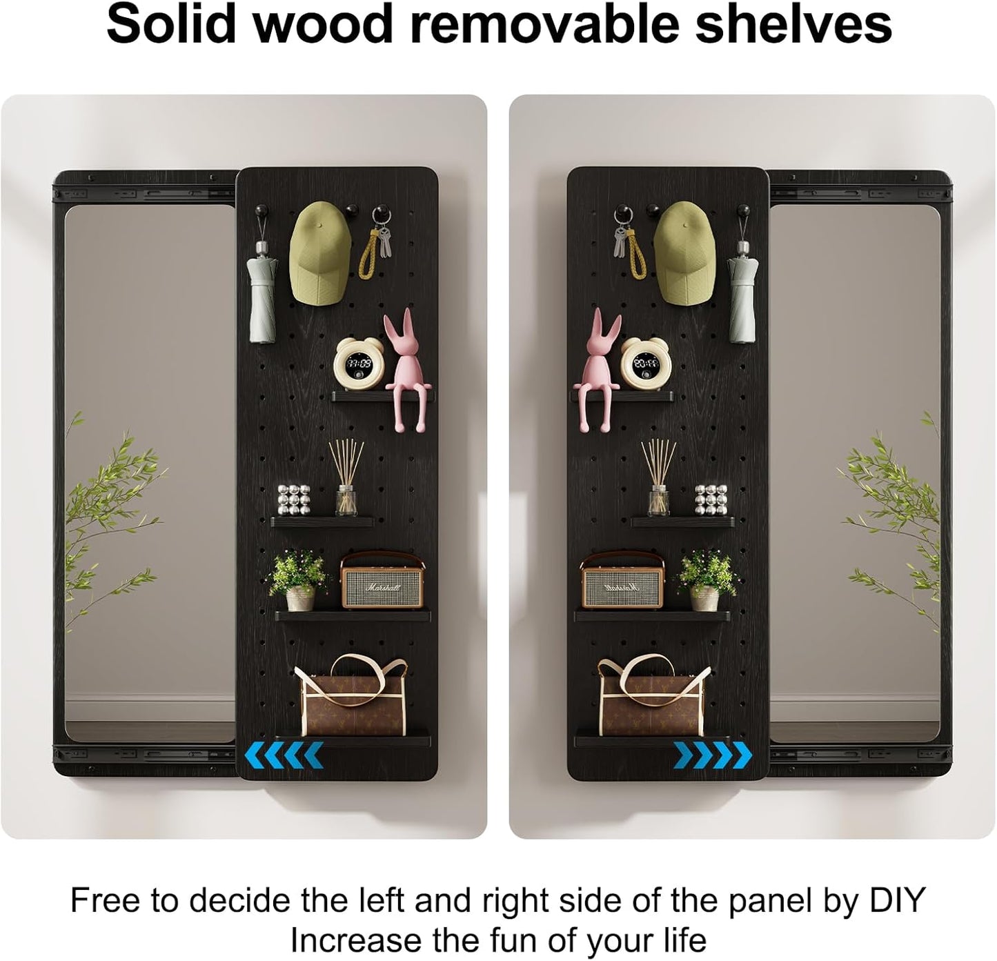 KungFuWood Full Length Mirror with Shelf and Hooks,Entry Way Mirrors for Wall,Wall Mirror with Shelf,Wall Mirror with Storage Multifunctional Design Panel,Living Room