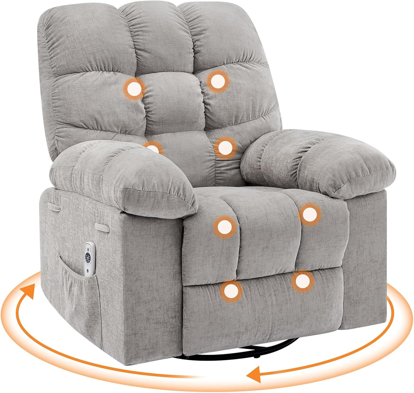 Rocking Recliner Chair with Vibration Massage & Heat, 360° Swivel Oversized Rocker Recliner with Side Pocket for Living Room, Bedroom & Nursery