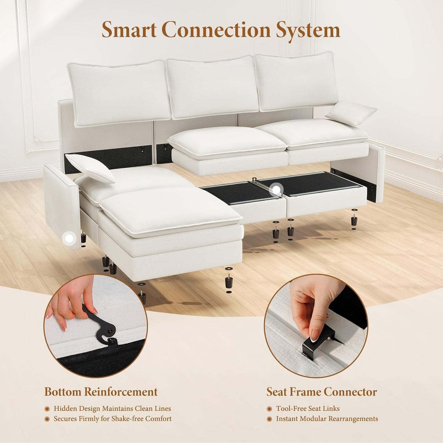 Vesgantti 108" U Shaped Sectional Couch, Comfy Cloud Modular Sectional Sofa with 2 Ottoman Deep Seat Chenille Modern Cloud Sofa, Modular Sofas for Living Room, Bedroom and Apartment, Snow White