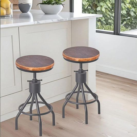 Diwhy Industrial Vintage Kitchen Counter Height Adjustable Bar Stool, Farmhouse French Stylish Kitchen Stool, Swivel Chair, Solid Wood Metal Chiar, Easy Installation, Fully Welded Set of 2 (Black)