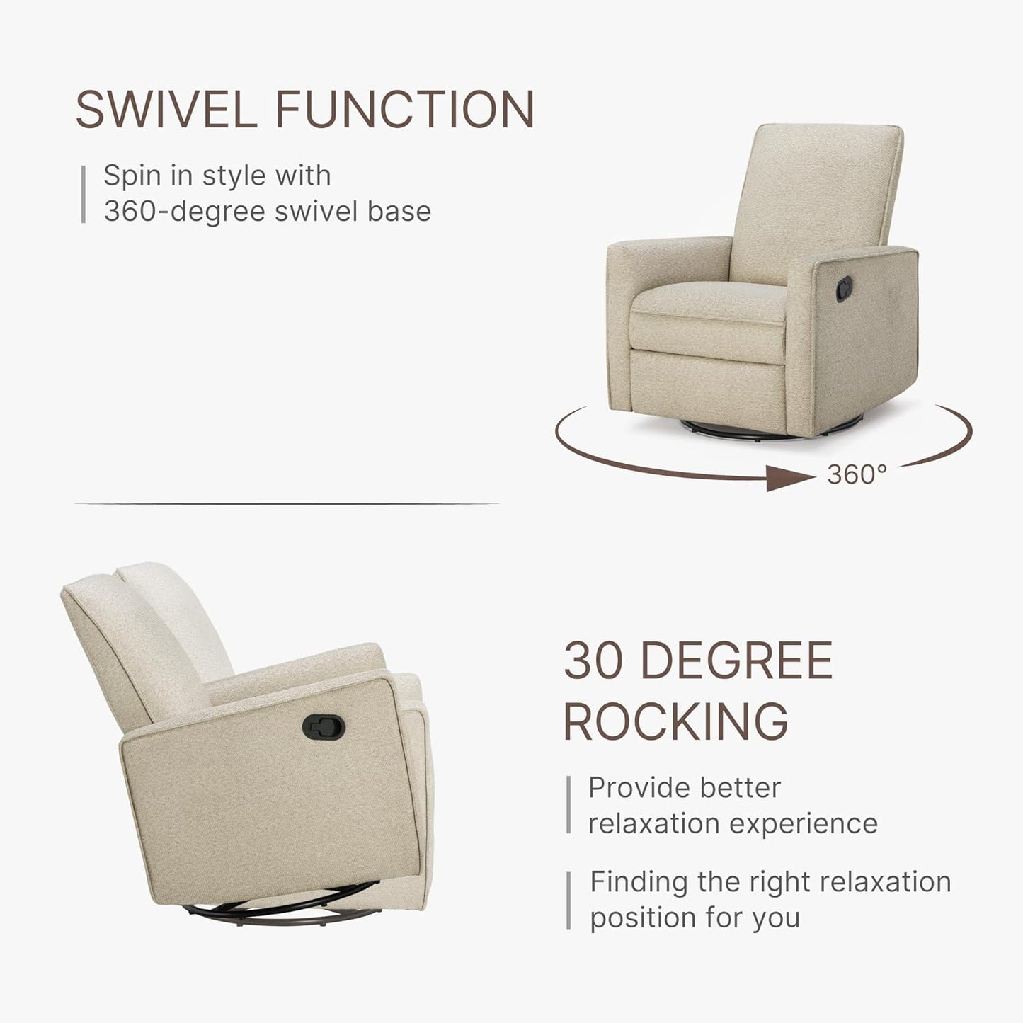 Upholstered Recliner Swivel Glider Nursery Chair Reclining Performance Fabric Rocker with Metal Base,Basketweave,Oat