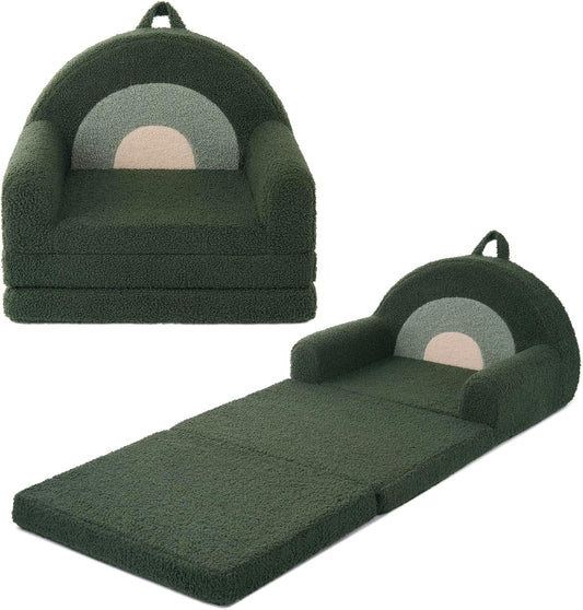 Blissful Diary Foldable Toddler Couch, 2-in-1 Comfy Toddler Chair & Lounger for Reading, Nap, Playroom, Kids Couch Sofa for 1 2 3+ Year Old Girls Boys Birthday Gift, Dark Green Arclet