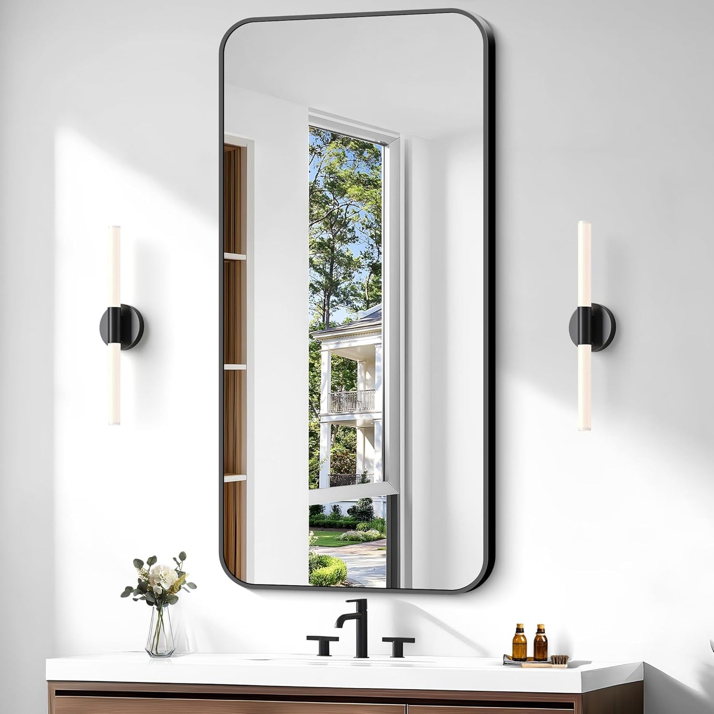 Bathroom Mirror, 48 x 24 inch Black Rectangle Wall Mirror, Metal Framed Rectangular Vanity Mirror, Rounded Corner Wall Mounted Mirror for Modern Bedroom Living Room Horizontal/Vertical