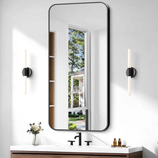 Bathroom Mirror, 48 x 24 inch Black Rectangle Wall Mirror, Metal Framed Rectangular Vanity Mirror, Rounded Corner Wall Mounted Mirror for Modern Bedroom Living Room Horizontal/Vertical