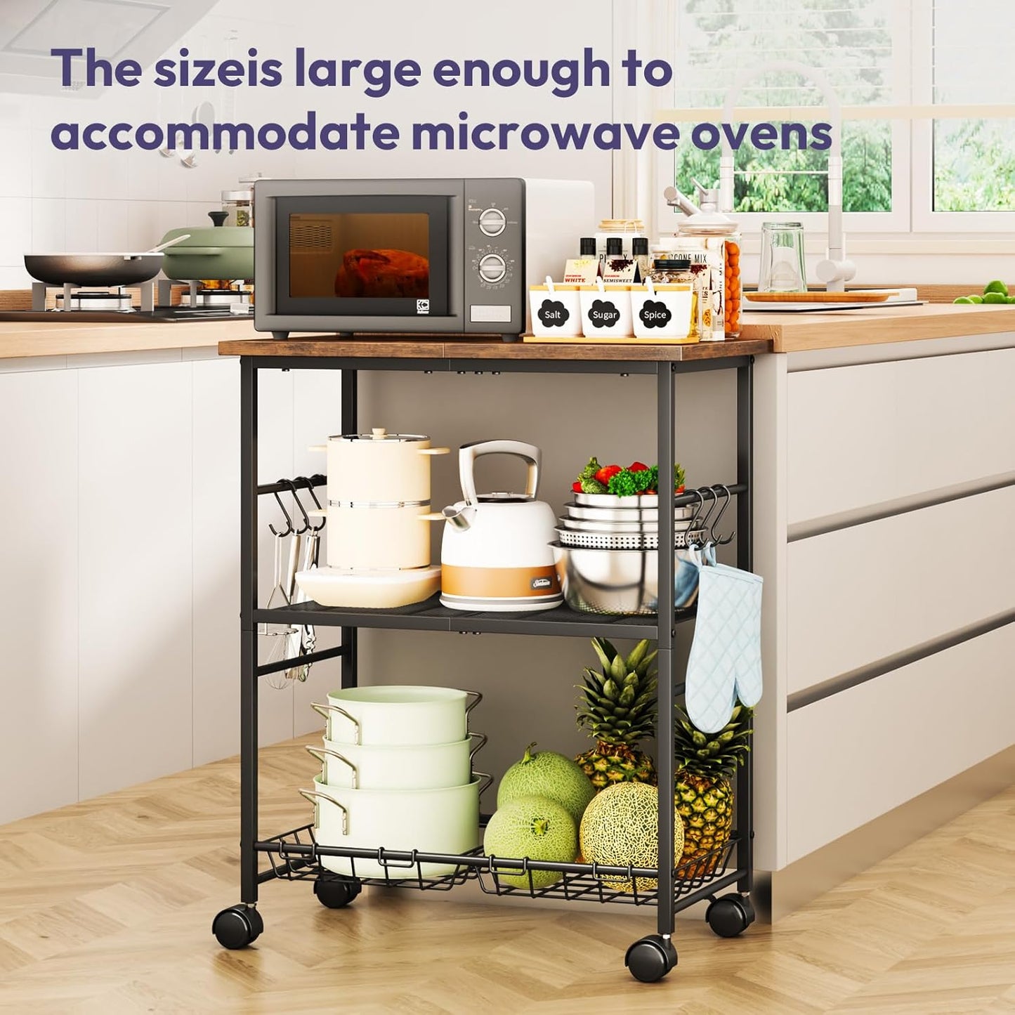 SWTYMIKI Rolling Kitchen Microwave Cart - 3 Tier Microwave Table Stand with Storage Basket and Hooks, Kitchen Utility Cart on Wheels, Coffee Cart Shelf Rack Organizer for Living Room Office, Balcony