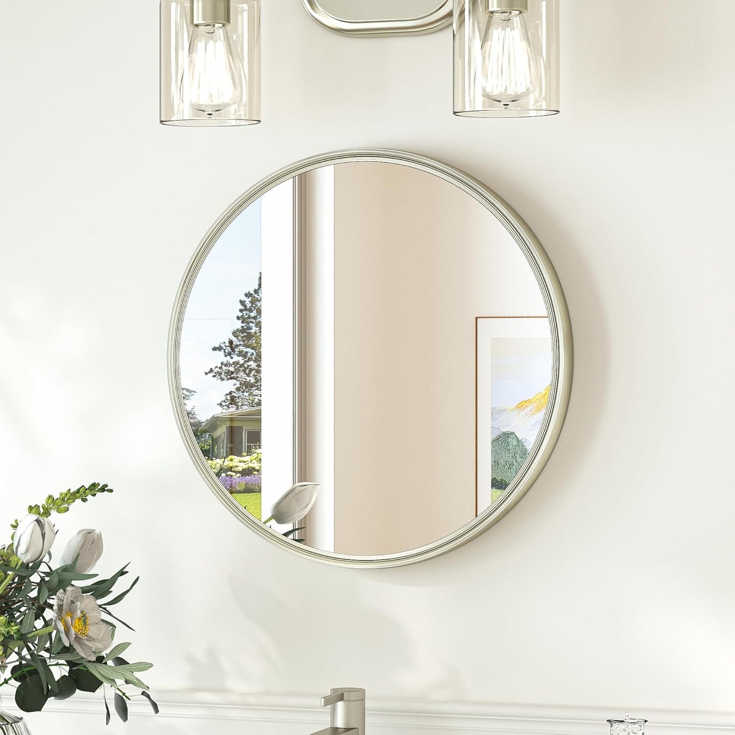 TokeShimi 16 in Round Bathroom Vanity Mirror Framed Brushed Nickel Bathroom Mirror for Wall Farmhouse, 16x16 Shatterproof Circle Bathroom Mirrored for Living Room, Bedroom, Entryway, Restroom