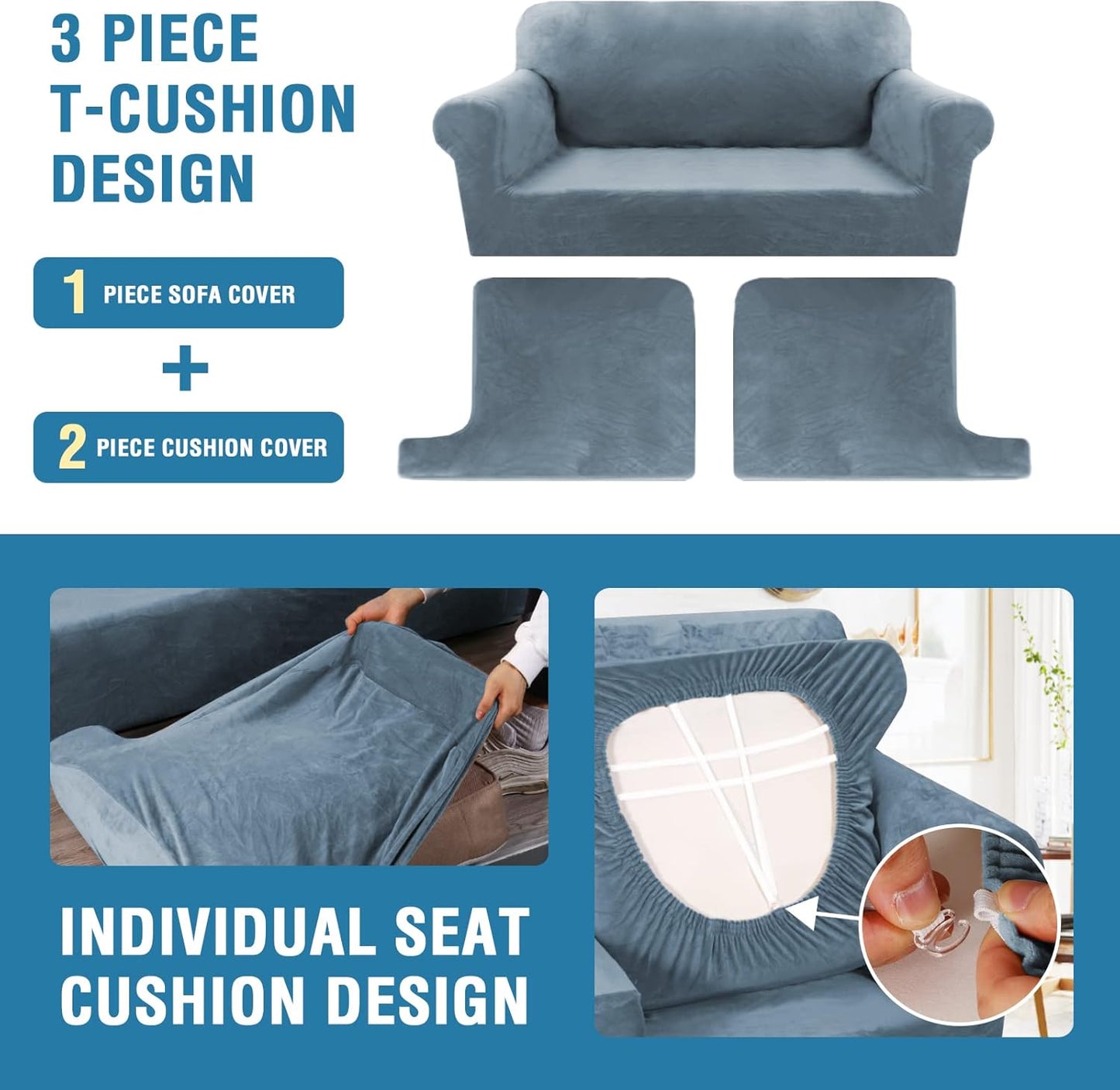 H.VERSAILTEX Sofa Cover 3 Piece T Cushion Loveseat Slipcovers Thick Velvet Couch Cover Stretch T Cushion Sofa Covers for 2 Cushion Couch with 2 Individual T Cushion Covers Washable, Stone Blue
