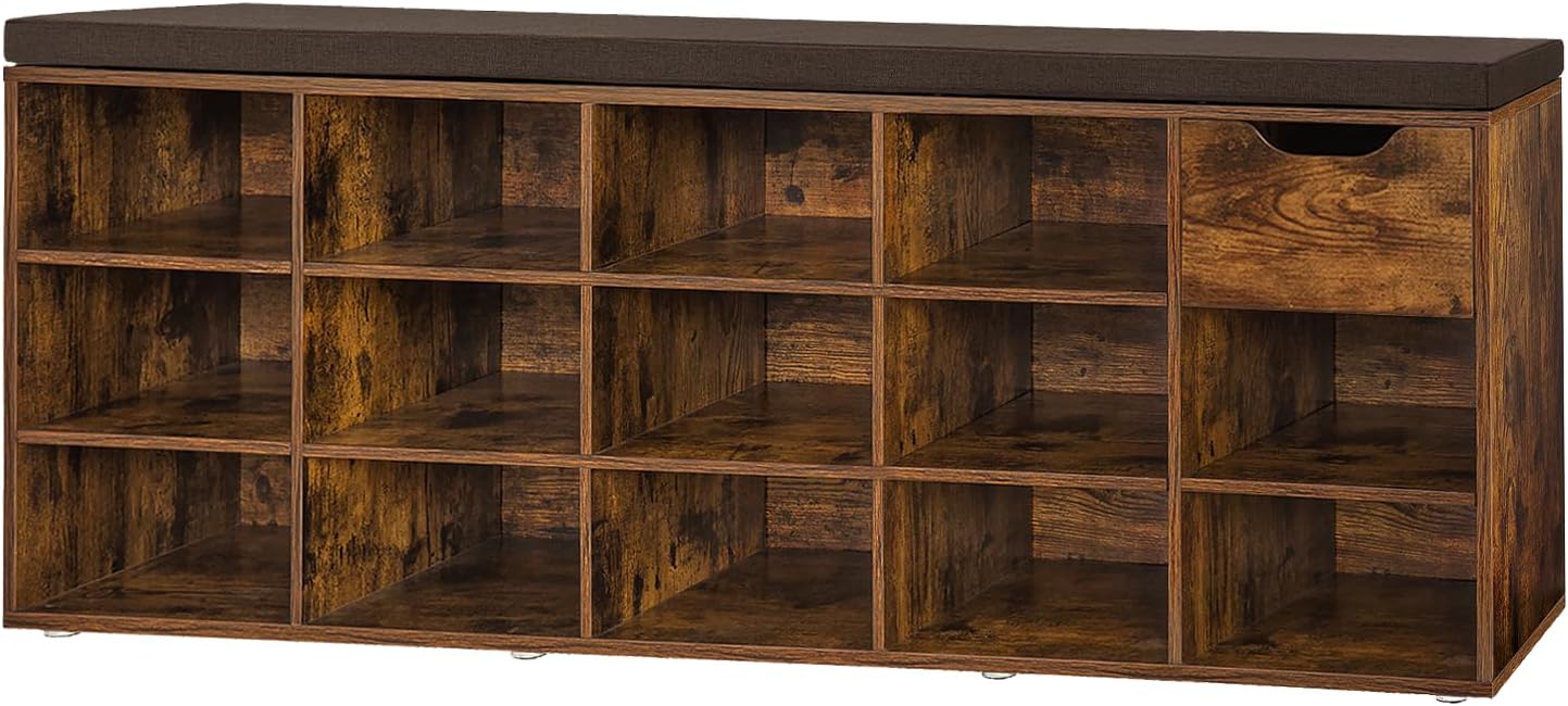 DINZI LVJ Shoe Bench, Entryway Storage Bench with Drawer and 14 Cubbies, Long Cubby Shoe Rack with Adjustable Shelves, Shoe Organizer for Living Room, Bedroom, Mudroom, Garage, Rustic Brown