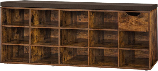 DINZI LVJ Shoe Bench, Entryway Storage Bench with Drawer and 14 Cubbies, Long Cubby Shoe Rack with Adjustable Shelves, Shoe Organizer for Living Room, Bedroom, Mudroom, Garage, Rustic Brown