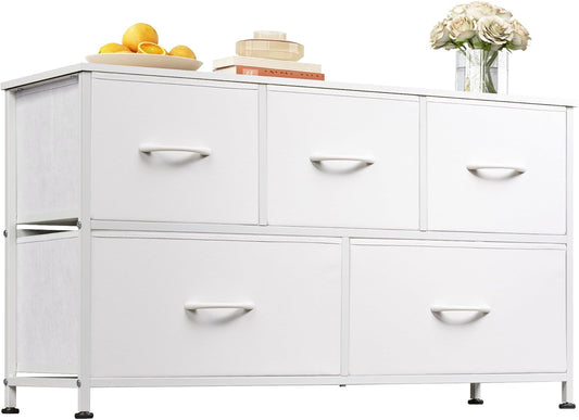 WLIVE Dresser for Bedroom with 5 Drawers, Wide Chest of Drawers, Fabric Dresser, Storage Organization Unit with Fabric Bins for Closet, Living Room, Hallway, White