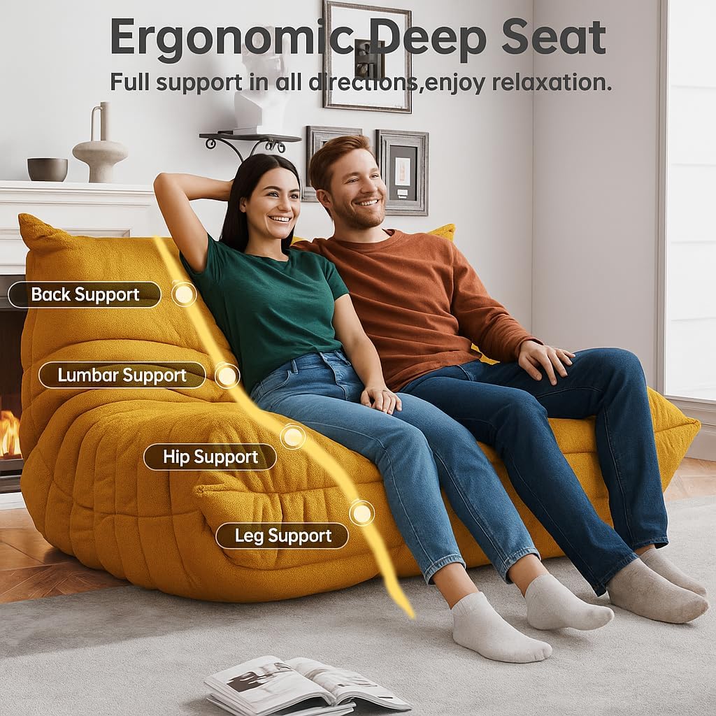 Bean Bag Chairs for Adults, BeanBag Reading Chair Memory Foam Couch, Floor Chair Soft Teddy Material, Comfy Reading Nook Chairs for Bedroom Living Room Office(Yellow)