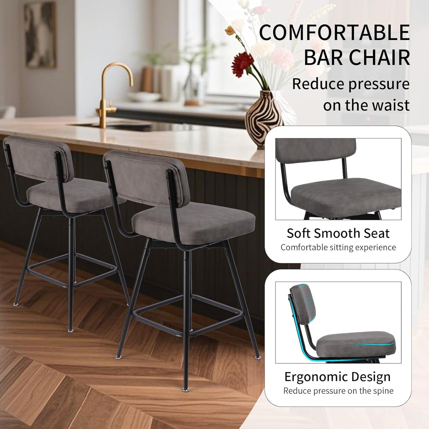 Swivel Counter Height Bar Stools Set of 2, Faux Leather Bar Stools with Back, Metal Legs and Footrest, 26" Seat Height Barstools for Kitchen Islands and Home Bars, Easy Assembly, Grey&Black