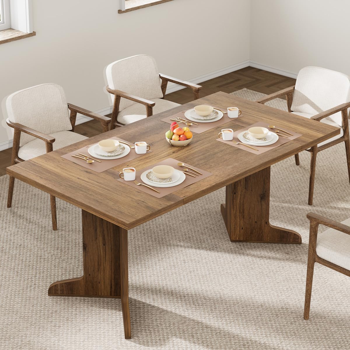 71" Large Dining Table for 6, Farmhouse Kitchen Table with Padded Top and Unique V-Shaped Feet, Rectangular Wooden Dining Table for 8 People for Home, Dining Room, Kitchen, Office, Walnut