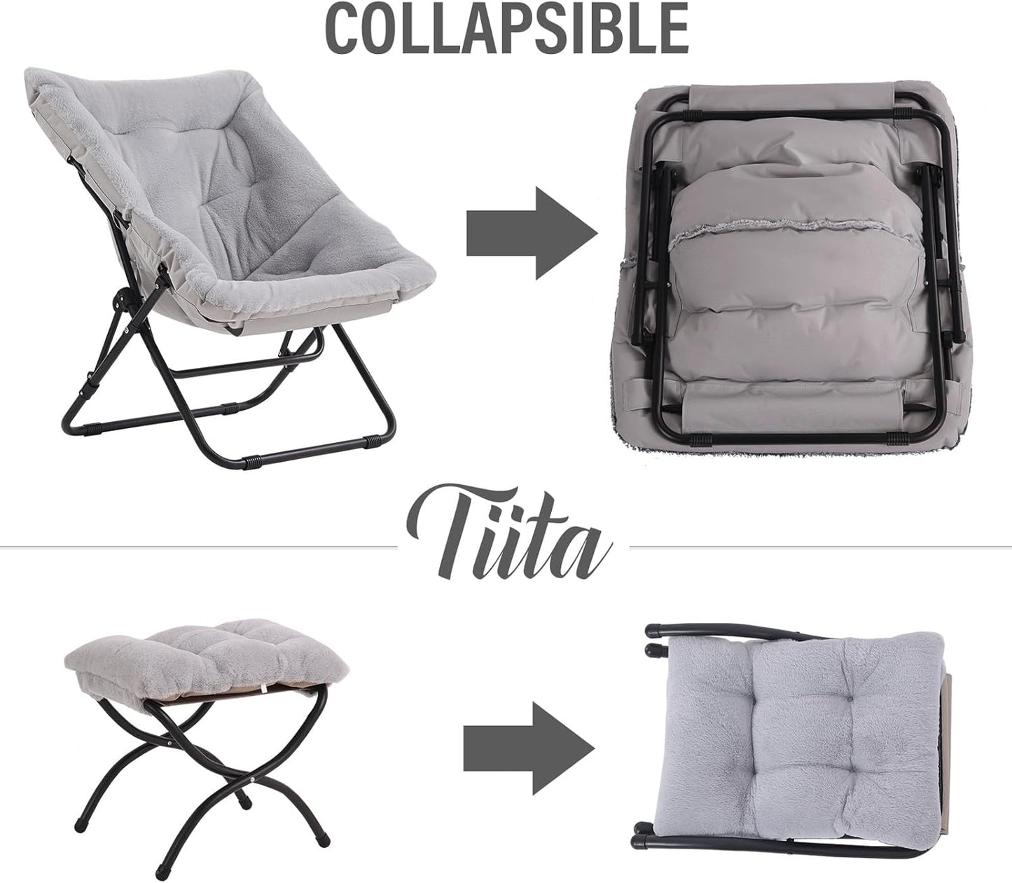 Tiita Folded Chair with Ottoman, Soft Faux Fur Oversized Folding Accent Chair,Lounge Lazy Chair, Metal Frame Moon Chair for Bedroom, Living Room, Dorm Rooms, Garden and Courtyard