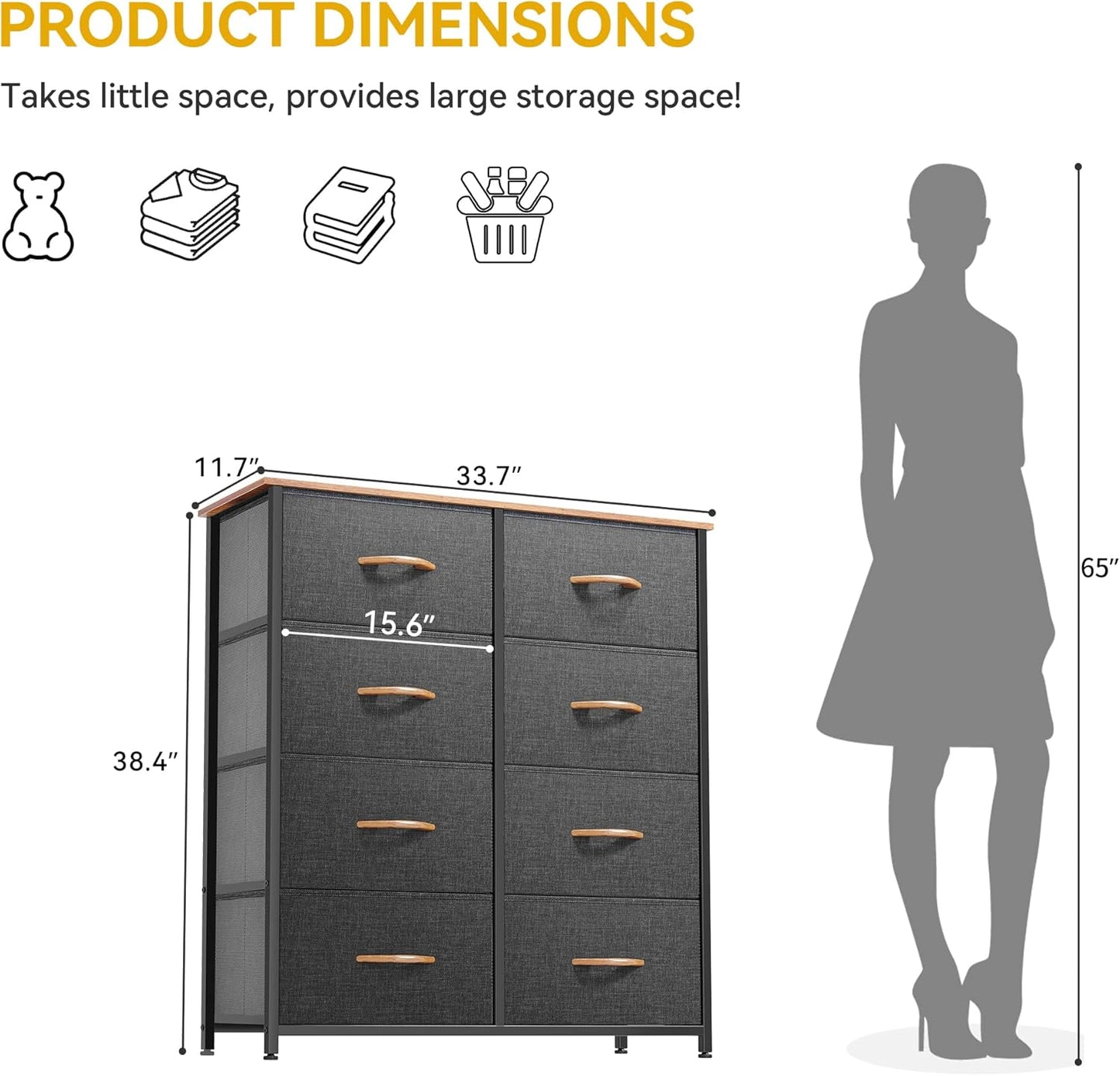 DWVO Dresser for Bedroom, Fabric Dresser with 8 Drawers, Tall Double Drawer Chest of Drawers for Closet, Living Room, Sturdy Steel Frame, Wooden Top, Easy Pull Handle