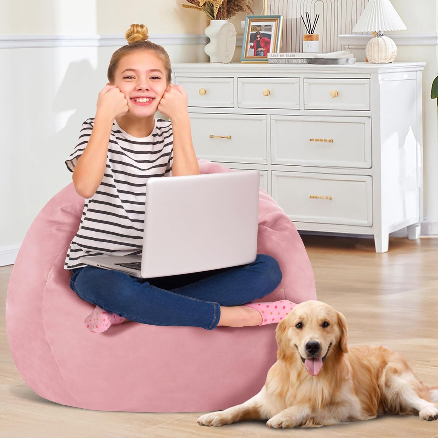 2FT Bean Bag Chair with Ultra Soft Velvet Cover Bean Bag Sofa with Memory Foam Bean Bag Chairs with Large Size Lazy Sofa for Dorm Office Living Room Bedroom Light Pink 2'