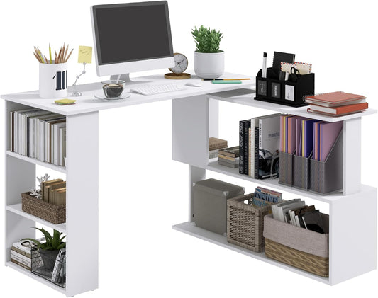 HOMCOM L Shaped Desk, Corner Computer Desk, 360 Degree Rotating Home Office Desk with Storage Shelves, Writing Table Workstation, White