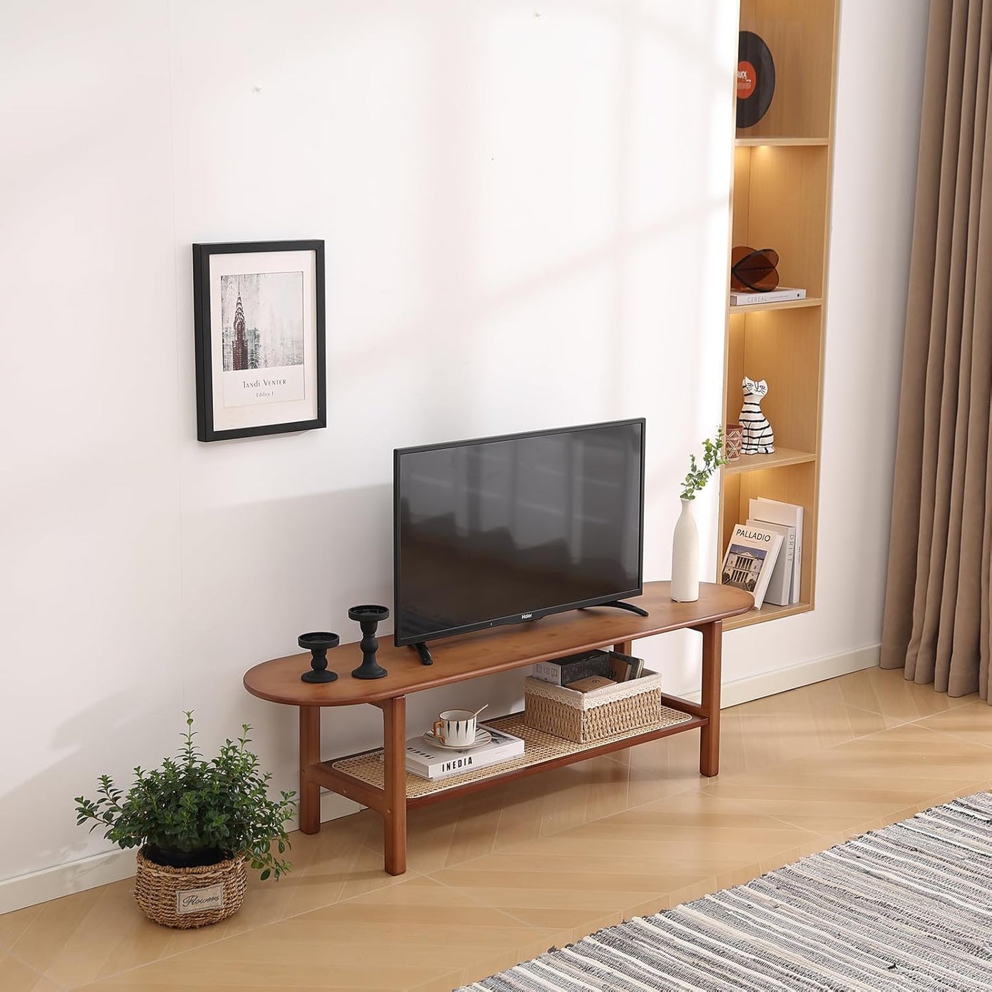 Tiita Bamboo TV Stand with Storage for TV up to 65 inch, Bamboo Rattan TV Console Entertainment Center with 2 Open Shelf, Mid Century Modern Media Console for Living Room, Bedroom, Walnut