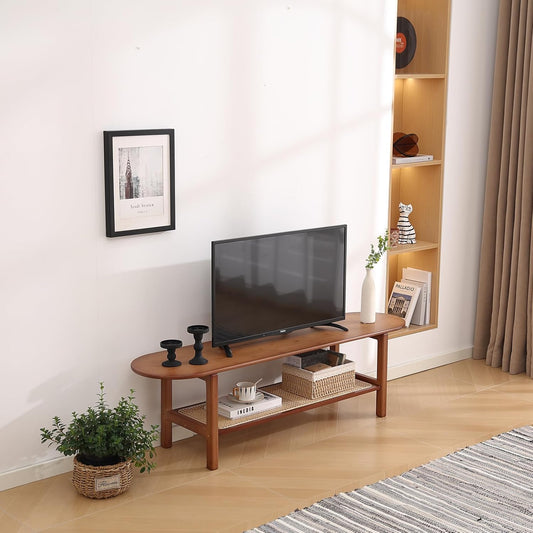 Tiita Bamboo TV Stand with Storage for TV up to 65 inch, Bamboo Rattan TV Console Entertainment Center with 2 Open Shelf, Mid Century Modern Media Console for Living Room, Bedroom, Walnut