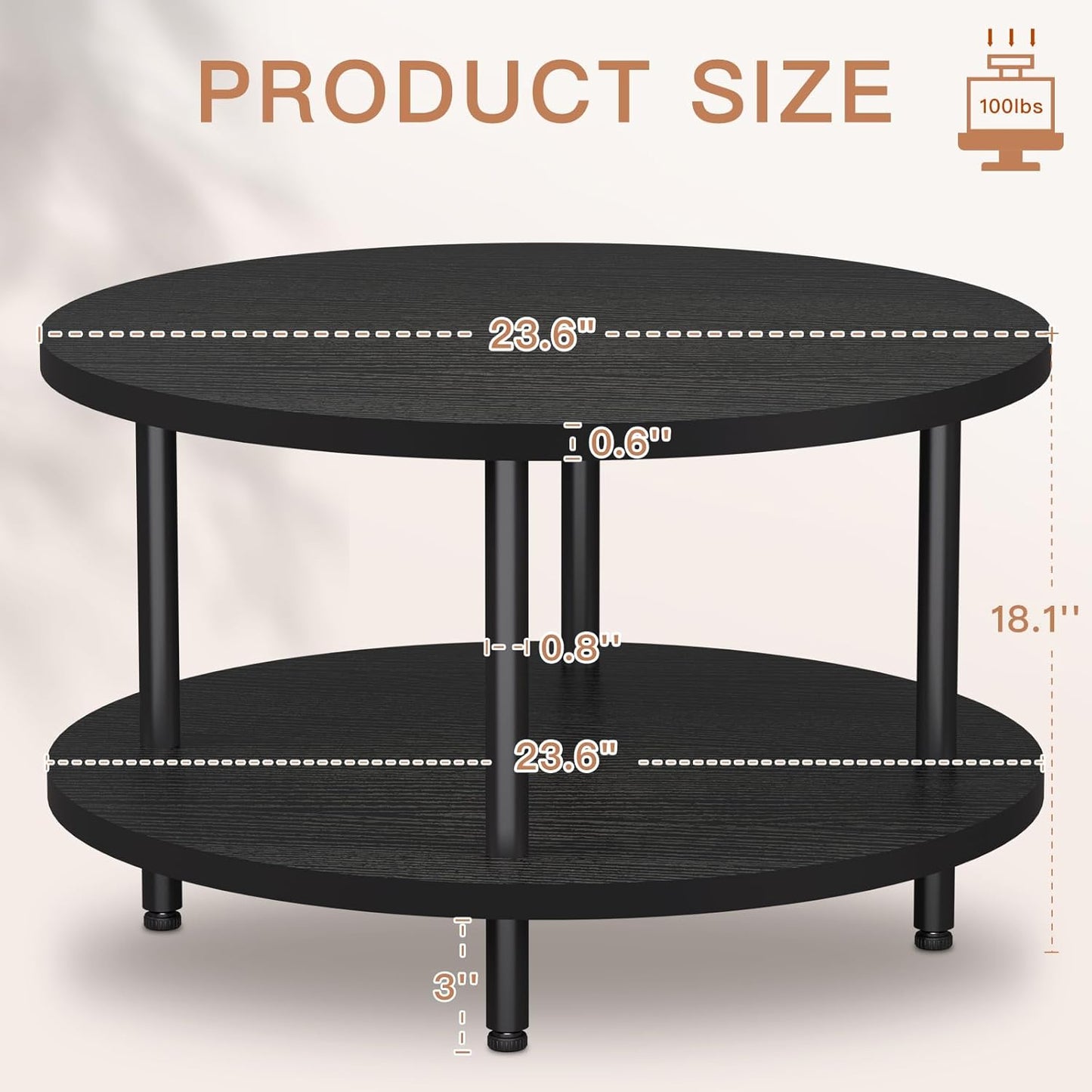 Round Coffee Table, 23.6" Circle Coffee Table for Living Room, 2-Tier Wood Accent Center Table with Open Storage Industrial Design Home Furniture, Black