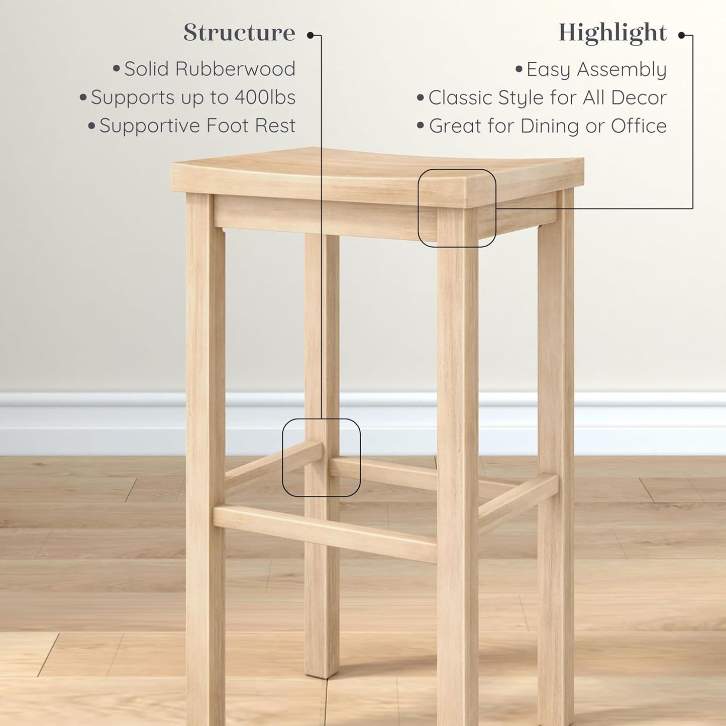 Grain & Grove Smith Collection Solid Wood Bar Stool, 30 inch Saddle-Seat Bar Chair, Backless, Heavy-Duty Construction, Footrest Support, Ideal for Kitchen Islands, Home Bars, and Counters, Blonde