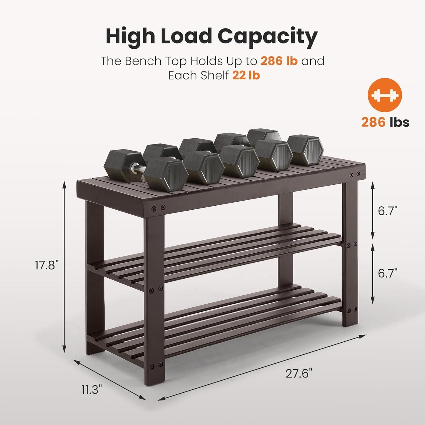Sweetcrispy 3-Tier Shoe Rack Bench, Bamboo Entryway Storage Organizer, Shoes Stand for FrontDoor Entrance, Bedroom, Living Room, 286lb Capacity, 11.3 x 27.6 x 17.8 Inches, Pitch-Black