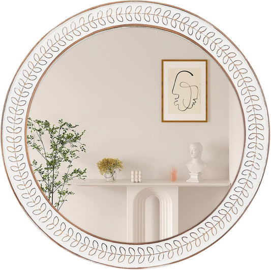 24 inch Round Rustic Wooden Mirrors, Distressed Circle Mirror for Bathroom, Bedroom, Living Room, Entryway, Fireplace, Hall