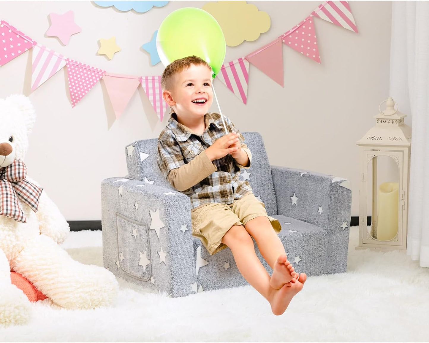 ALIMORDEN 2-in-1 Toddler Fold Out Couch, Comfy Convertible Sofa to Lounger, Glow-in-The-Dark Star Pattern Foam Seat for Little Ones with Removable Washable Cover