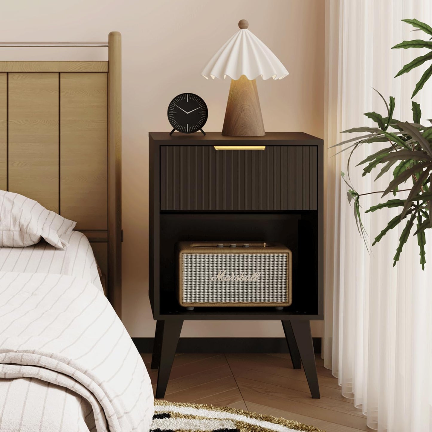 Fluted Night Stand with Opening Storage,Mid Century Bedside Table with Drawer,Modern Nightstand with Solid Wood Legs,End Table Side Table for Living Room,Bedroom,Black CTG56BK