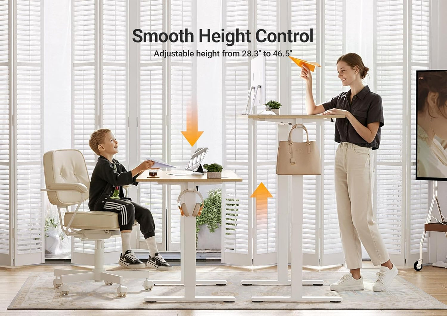 Seang Electric Standing Desk Adjustable Height, 40 x 24 Inch Sit Stand Desk with T-Shaped Frame, 3 Memory Presets & Cable Management for Home Office Computer Workstation, White Frame/Nature Top