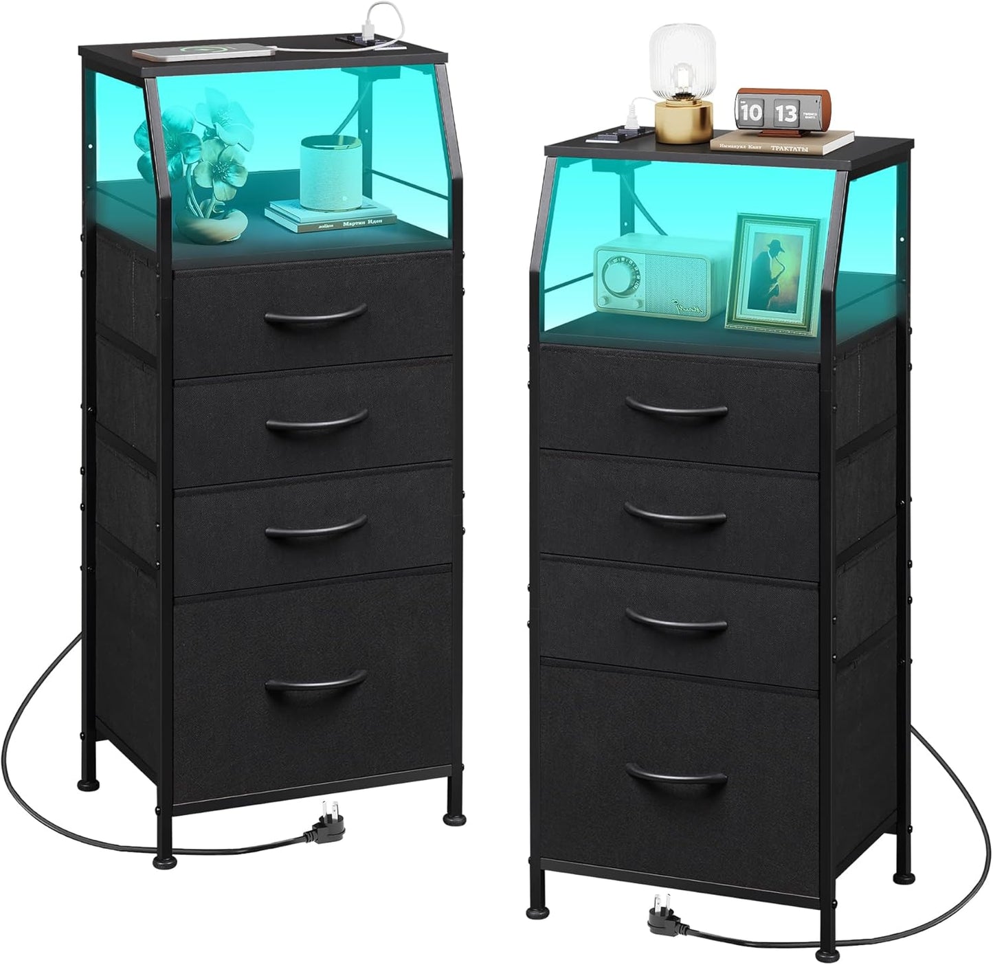 WLIVE Night Stand Set of 2 with Charger Station, Nightstand Sets with LED Light and 4 Storage Drawers, Tall Dressers for Bedroom, Bedside Tables with Fabric Bins, Wood Shelf, Metal Frame, Black