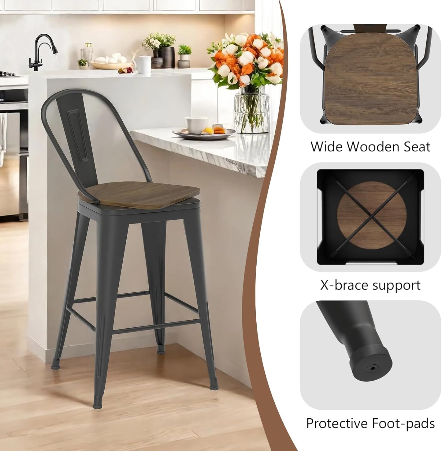 30” Swivel Bar Stools Set of 4, Counter Height Bar Stools Wooden Seat, Metal Industrial Bar Chairs with High Back for Kitchen Island (Black)