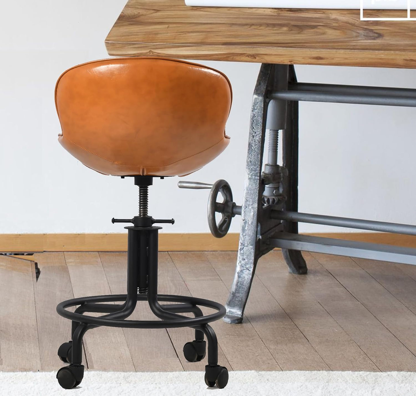 Topower Antique Industrial Design Metal Adjustable Height Kitchen Dining Breakfast Chair Industrial Style Bar Stool with Wheels, Fully Welded, Cinnamon PU Leather Seat