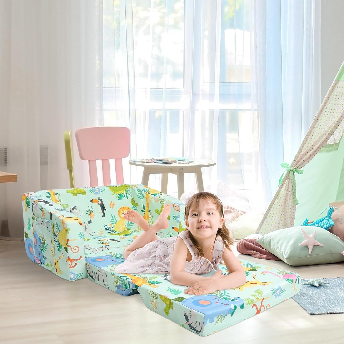 Foldable Kids Sofas Couch 2 in 1 Children Convertible Sofa to Lounger Flip Open Toddlers Sofa Bed