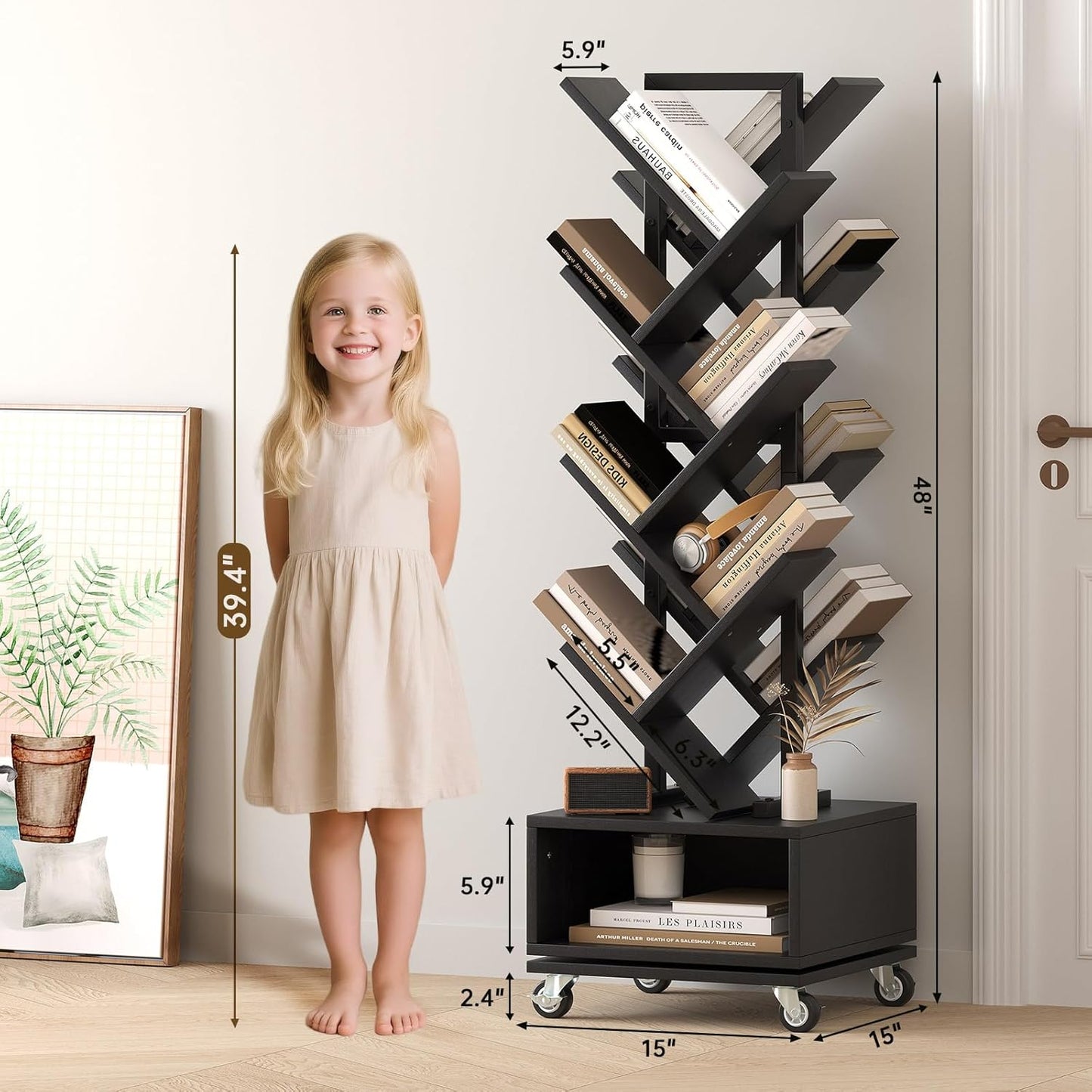 7 Tier Double Sided Rotating Tree Book Shelf, Floor Standing Wood Bookshelf with Adjustable Wheels for Narrow Space, with Storage Cabinet for Books/CDs/Magazine, Black