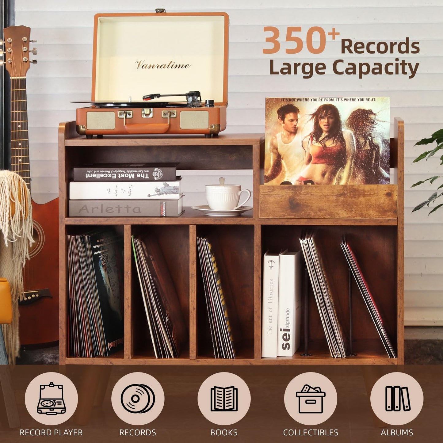 Record Player Stand, Large Record Player Table Cabinet with Open Vinyl Storage and Display Shelf Holds up to 350 Albums, Mid Century Wood Turntable for Living Room, Bedroom (Brown)