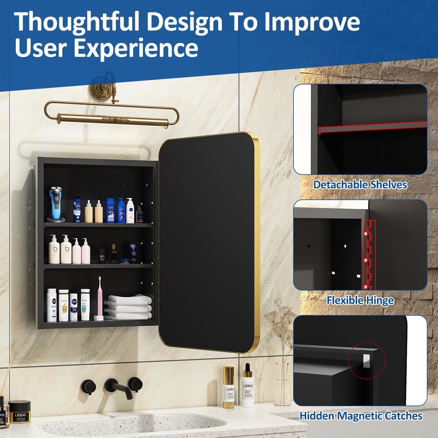 16x24 Inch Mirror Medicine Cabinet for Bathroom Gold Metal Frame Bathroom Medicine Cabinet with Mirror Recessed or Wall Mounted