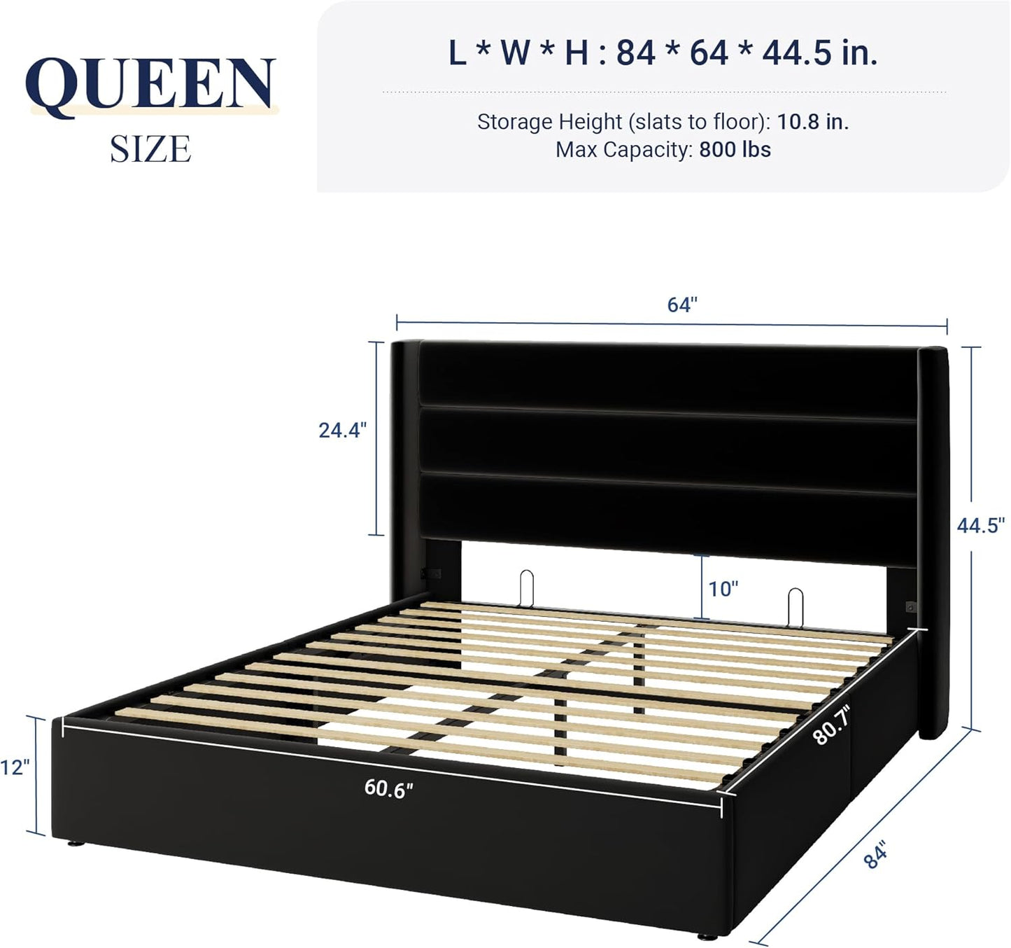 Allewie Queen Size Velvet Lift Up Storage Bed, Modern Wingback Headboard, Hydraulic Support, No Box Spring Needed, Black