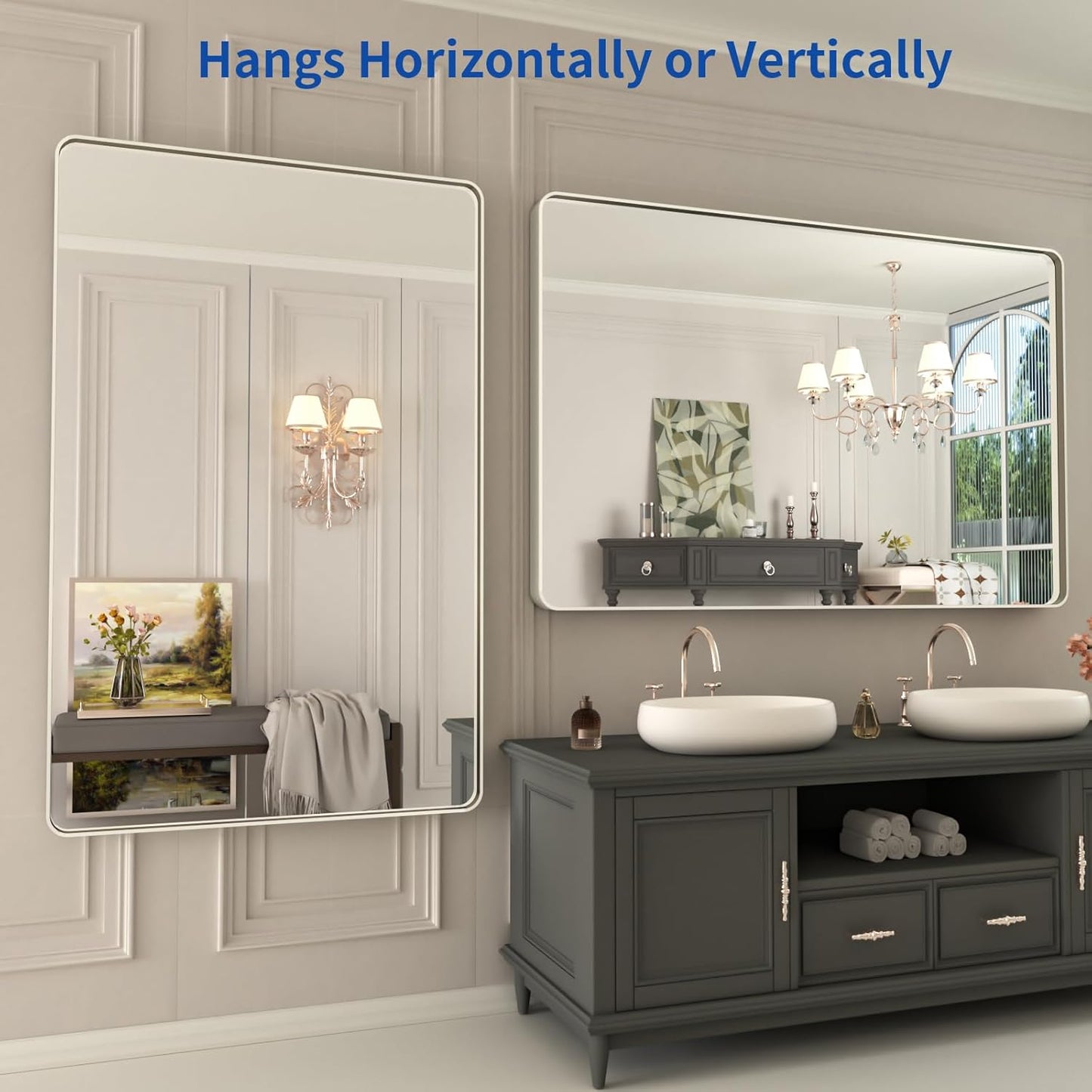 WEER 48X30 Inch Brushed Nickel Bathroom Mirror, Brushed Silver Metal Frame Mirror, Rounded Rectangle Silver Bathroom Vanity Mirror, Tempered Glass, Anti-Rust, Hangs Horizontally or Vertically