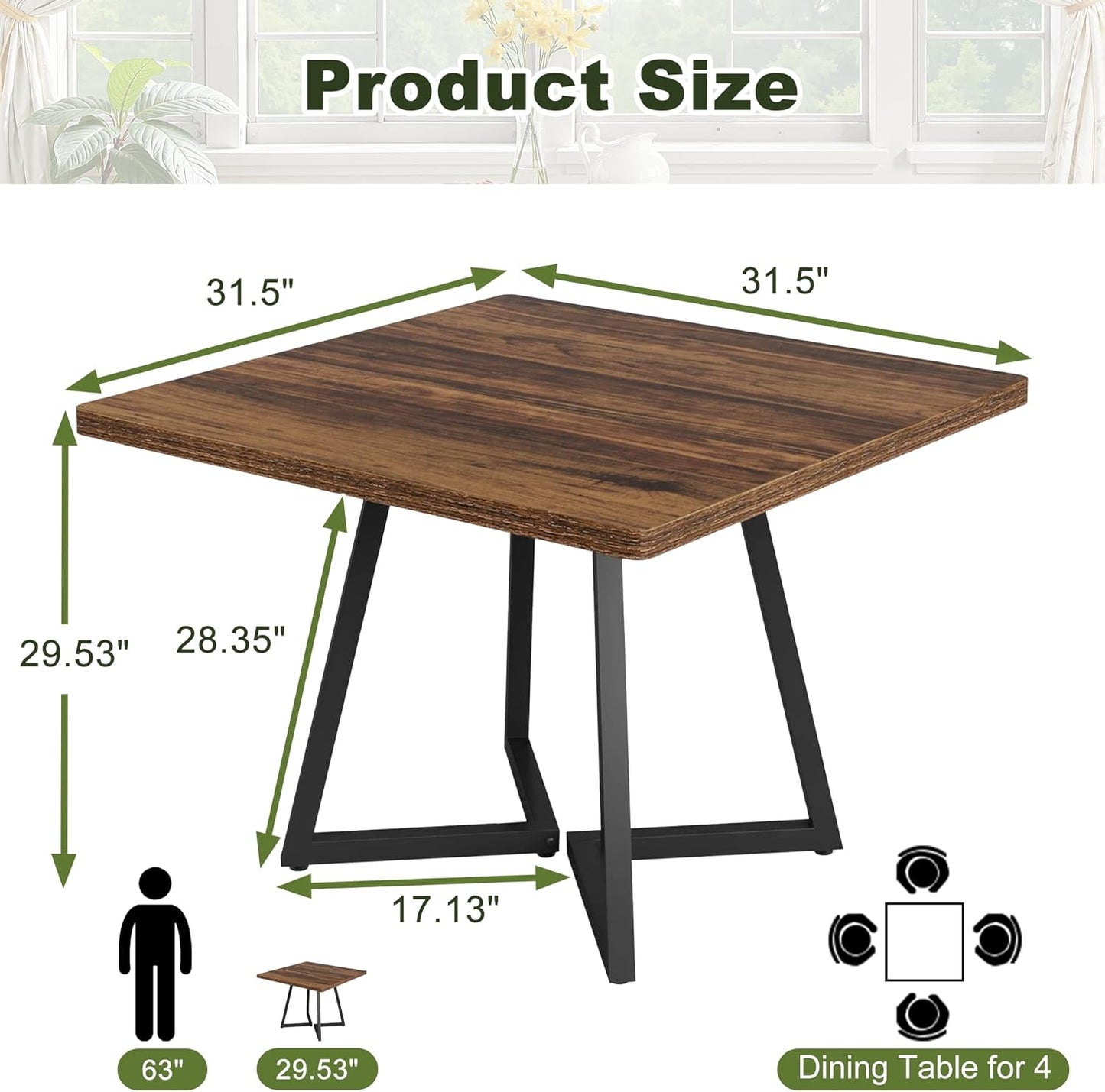 NicBex 31.5 Inch Square Dining Table for 4, Wooden Small Dinner Table Farmhouse Square Kitchen Tables with Metal Leg for Dining Room, Kitchen, Living Room, Brown & Black