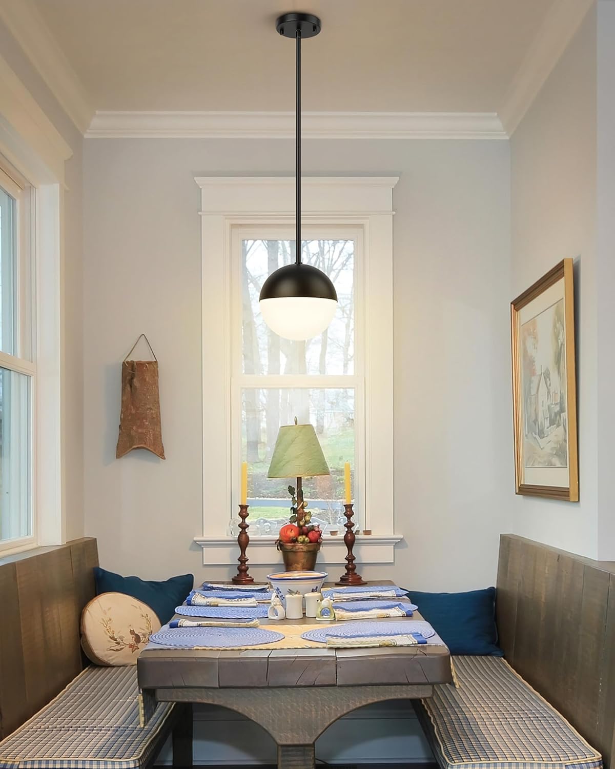 LMS 8-inch Black Pendant Lights Kitchen Island, Modern Globe Pendant Light with Frosted Glass, Contemporary Mid Century Hanging Light Fixture for Kitchen Island Sink Bedroom Bathroom, LMS-186