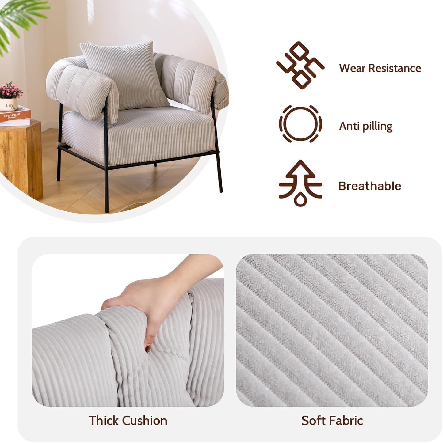 HollyHOME Modern Velvet Accent Chair, Upholstered Comfy Reading Chair, Fabric Large Lazy Arm Chair with Soft Cushion, Metal Frame Lounge Sofa Chair for Living Room, Bedroom, Balcony, Grey