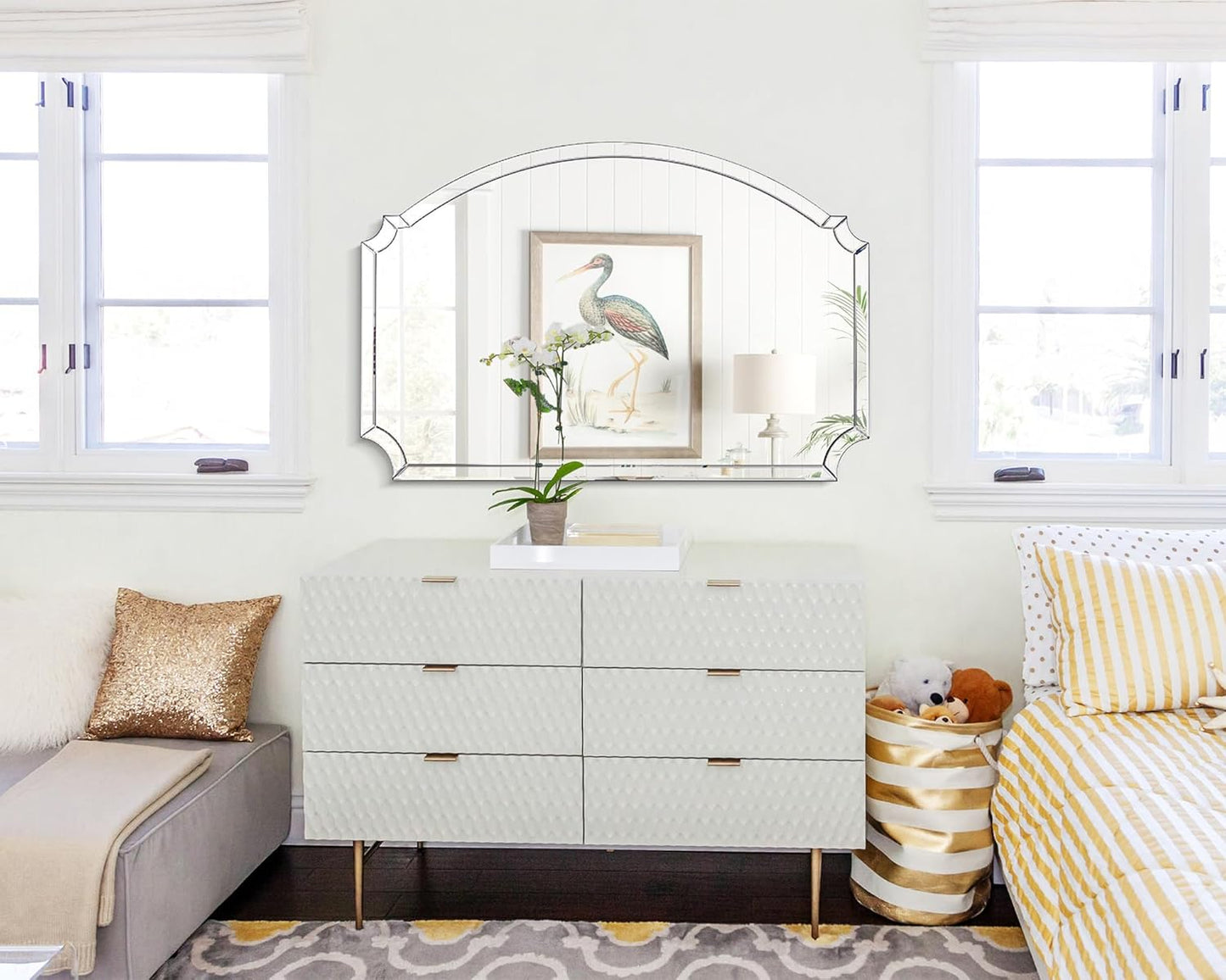 Chende Large Arched Wall Mirror with Glass Beveled Frame&Wood Backboard, 31.5" X 47.2" Horizontal Decorative Mirror Scalloped Corner for Bathroom, Living Room, Entryway, Bedroom